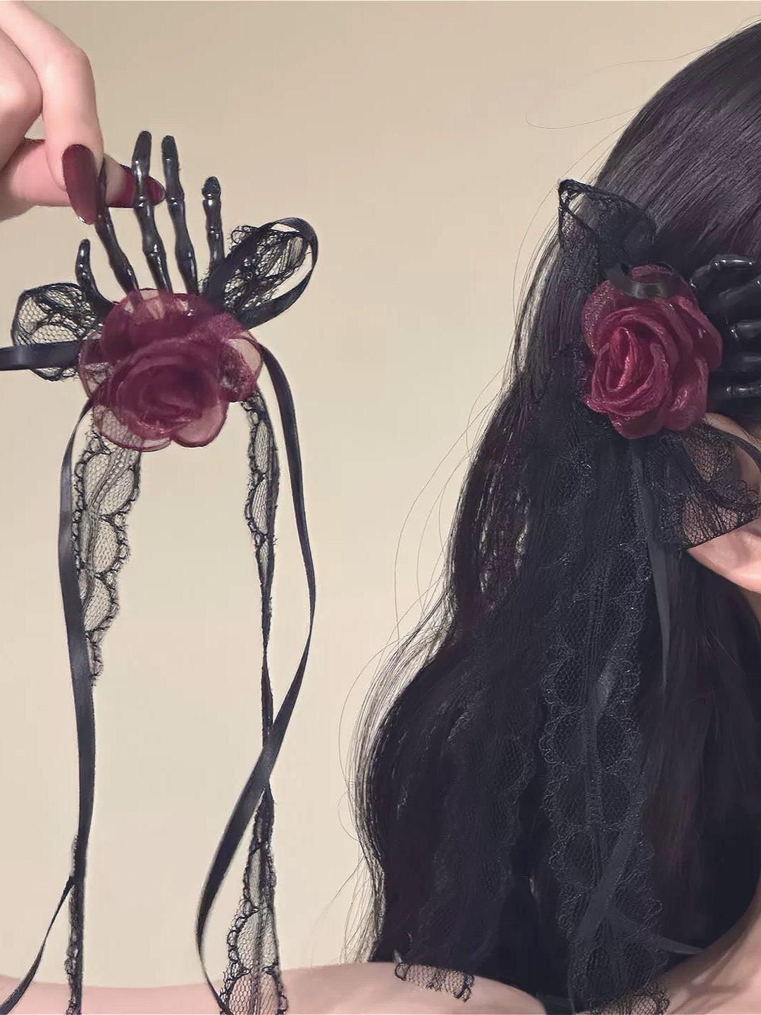 Gothic Skull Hand Rose Hair Accs