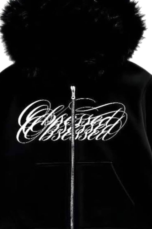 Gothic Script Black Fur Trim Zip Hoodie Secondary image