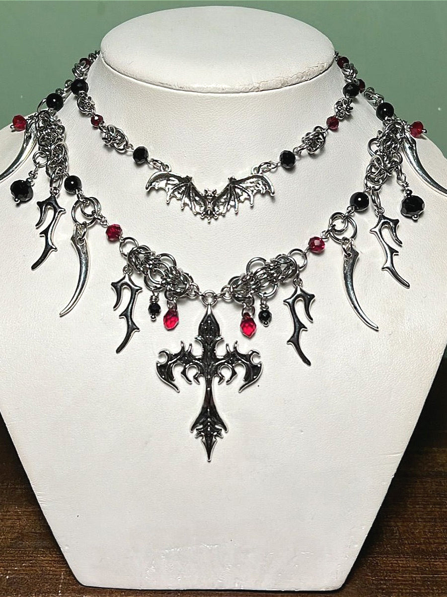 Gothic Cross Bat Tombstone Dark Necklace