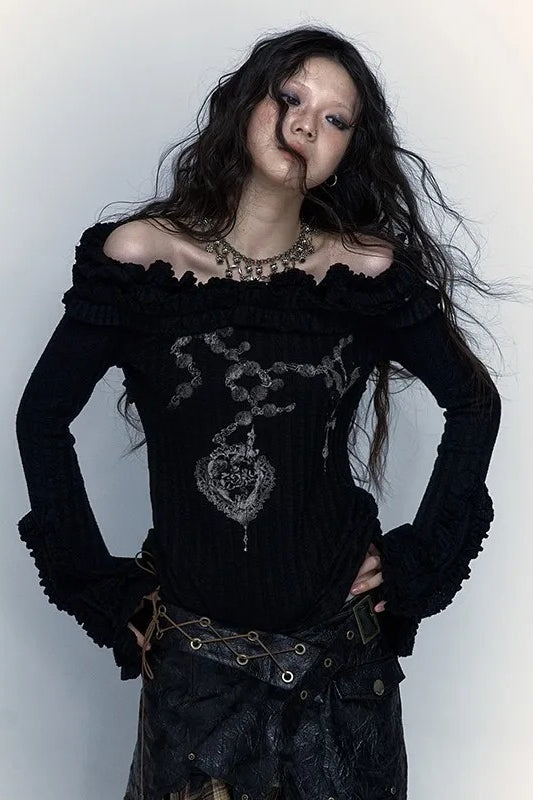 Grunge Punk Tattoo Print Black Knit Top Secondary image