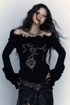 Grunge Punk Tattoo Print Black Knit Top