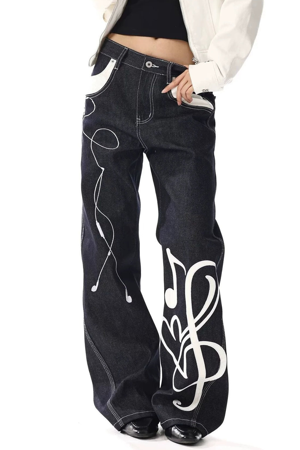 Music Note Contrast Stitch Pants