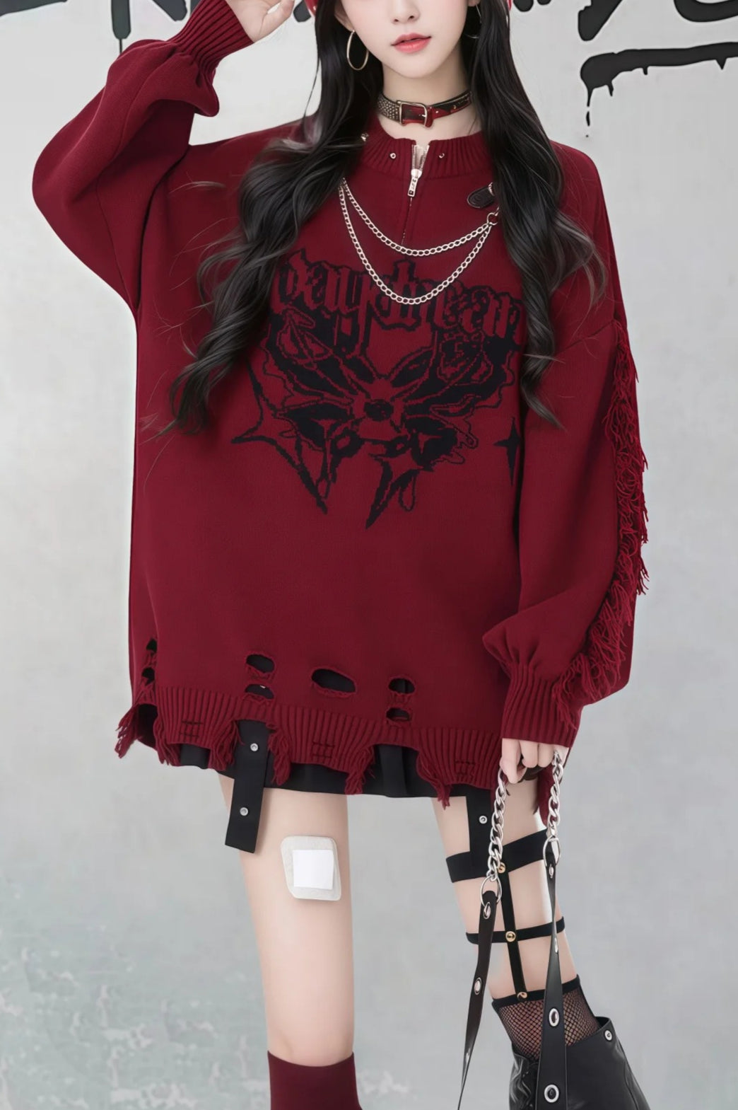 Gothic Y2K Subculture Rivet Print Ripped Loose Knit Sweater Main image