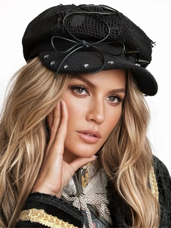 Harajuku Gothic Punk Rivets Bow Skull Lace Black Flat Top Hat Secondary image