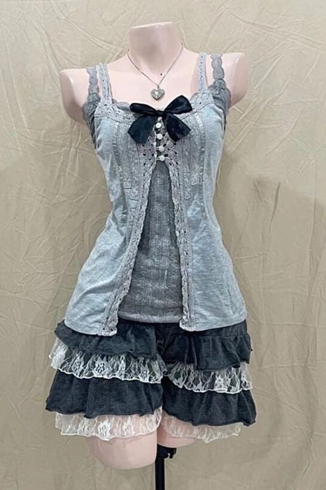 Layered Cami Blouse And Mini Skirt Three-Piece Set
