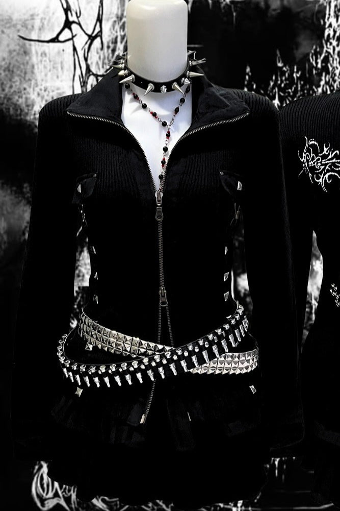 Rhinestone Cross Ribbed Zip Hoodie