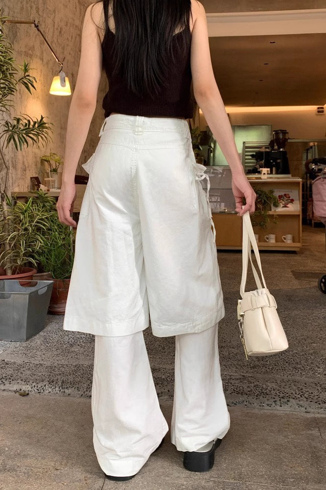 Bow Decor Layered Look White Baggy Pants Secondary image