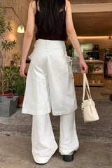 Bow Decor Layered Look White Baggy Pants