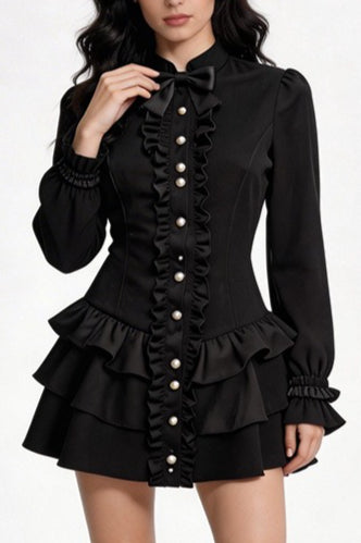 High Collar Tiered Ruffle Mini Dress