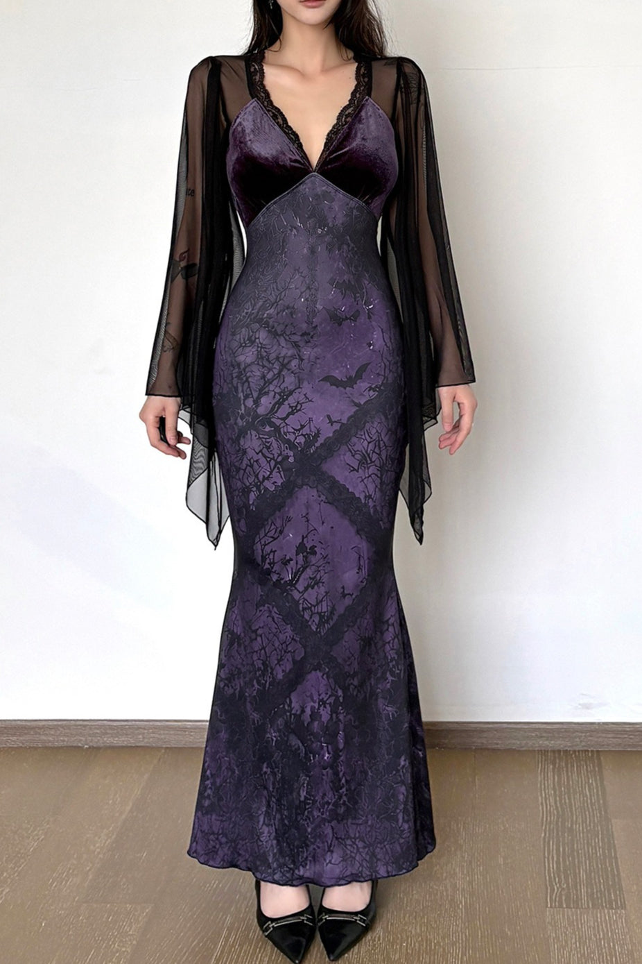 Printed Mesh Sleeve Fishtail Maxi Dress