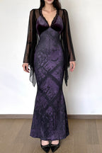 Printed Mesh Sleeve Fishtail Maxi Dress