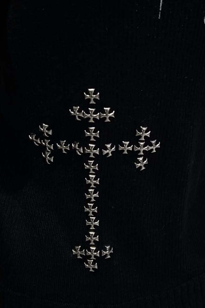 Rhinestone Cross Ribbed Zip Hoodie
