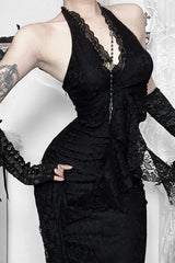 Cyber Y2K Halter Lace Pleat Hem Bodycon Maxi Dress