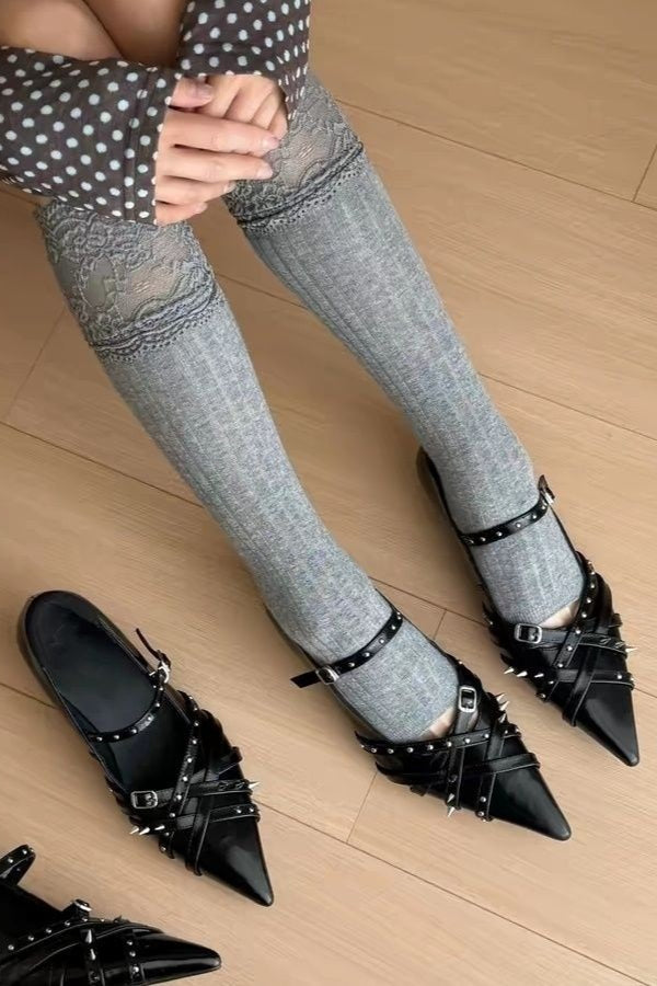 Studded Strap Pointed Wedge Shoes