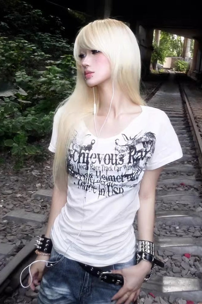 Punk Y2K Letter Print White Fitted T-shirt