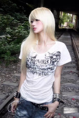 Punk Y2K Letter Print White Fitted T-shirt