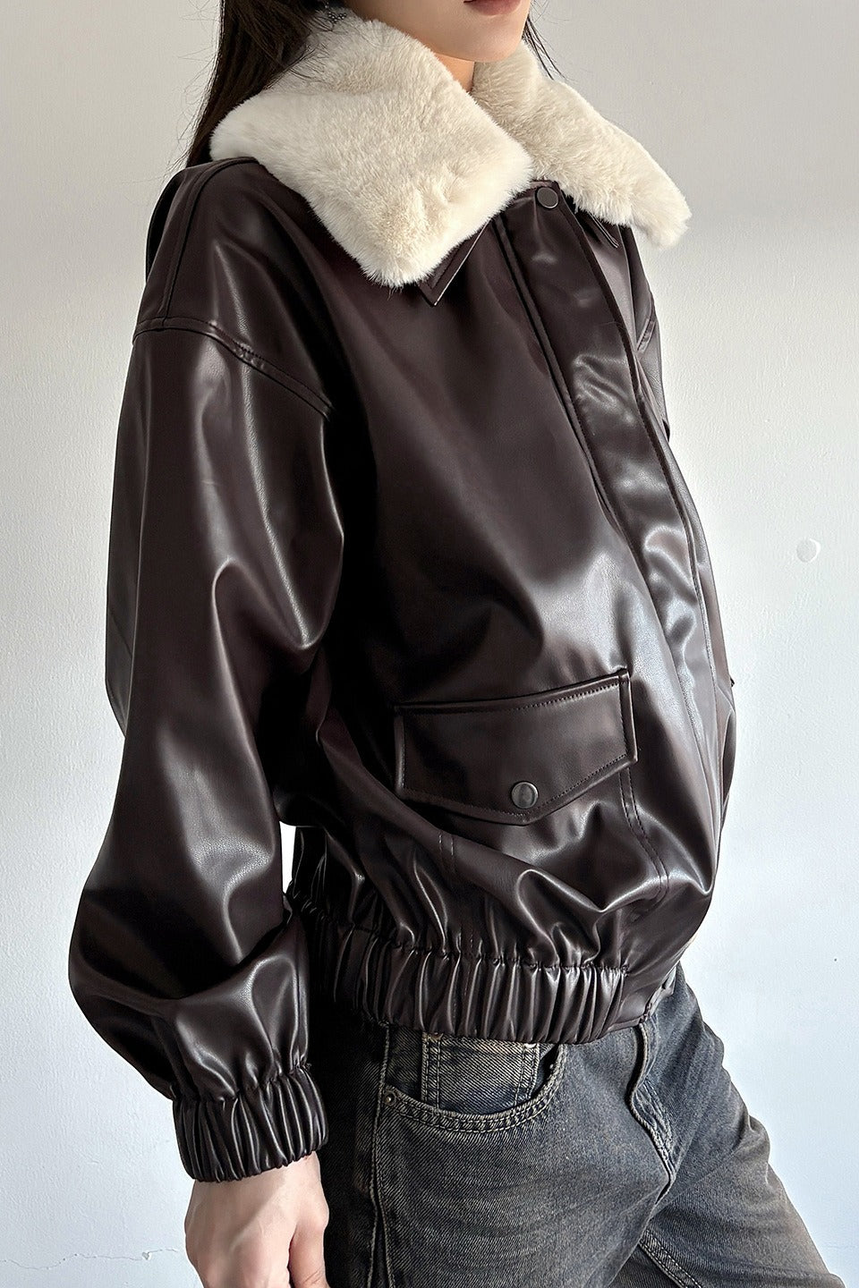 Fluffy Collar Glossy Bomber Jackets