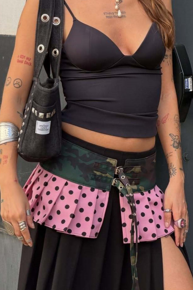 Contrast Polka Dot Pleated Belt Mini Skirt