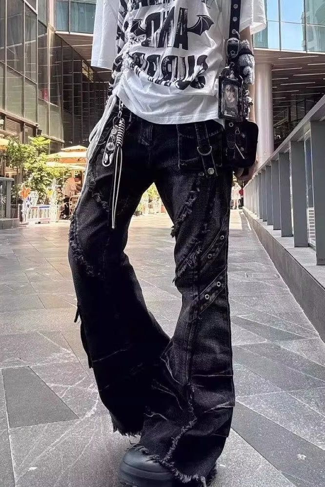 Edgy Y2K Oversized Raw Hem Flare Denim Pants Secondary image
