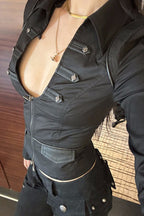 Casual Deep V Neck Zipper Long Sleeve Crop Top