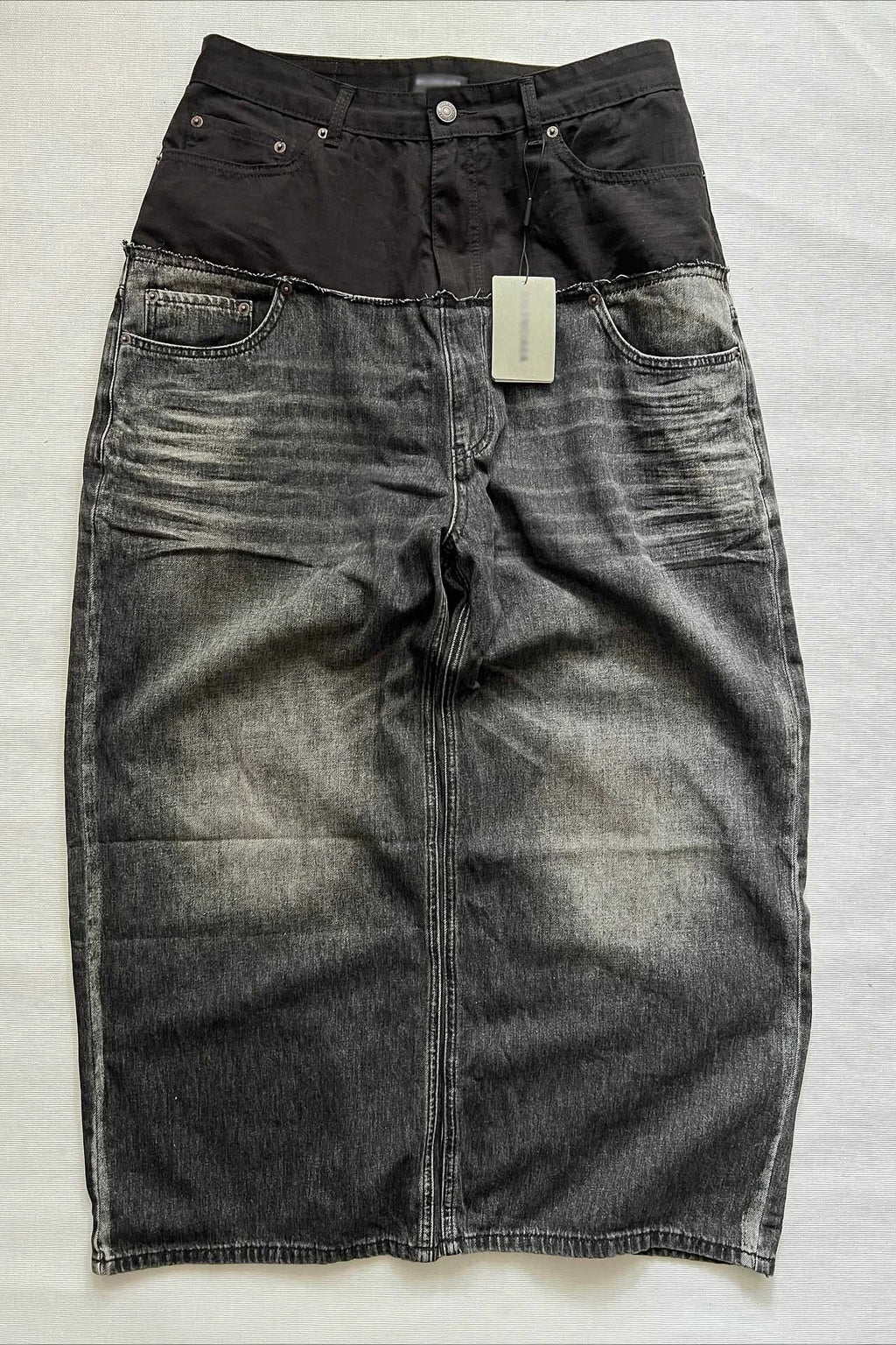 Paneled Washed Knee Length Denim Shorts