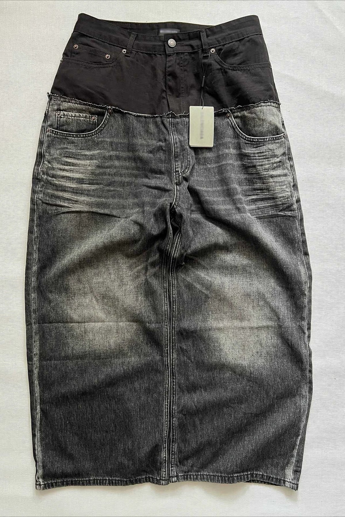 Paneled Washed Knee Length Denim Shorts