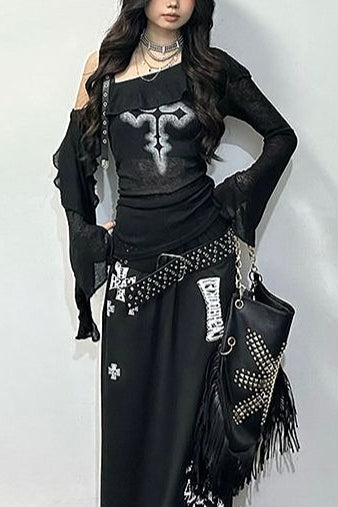 Retro Cross Dark Y2K Off Shoulder T-shirt