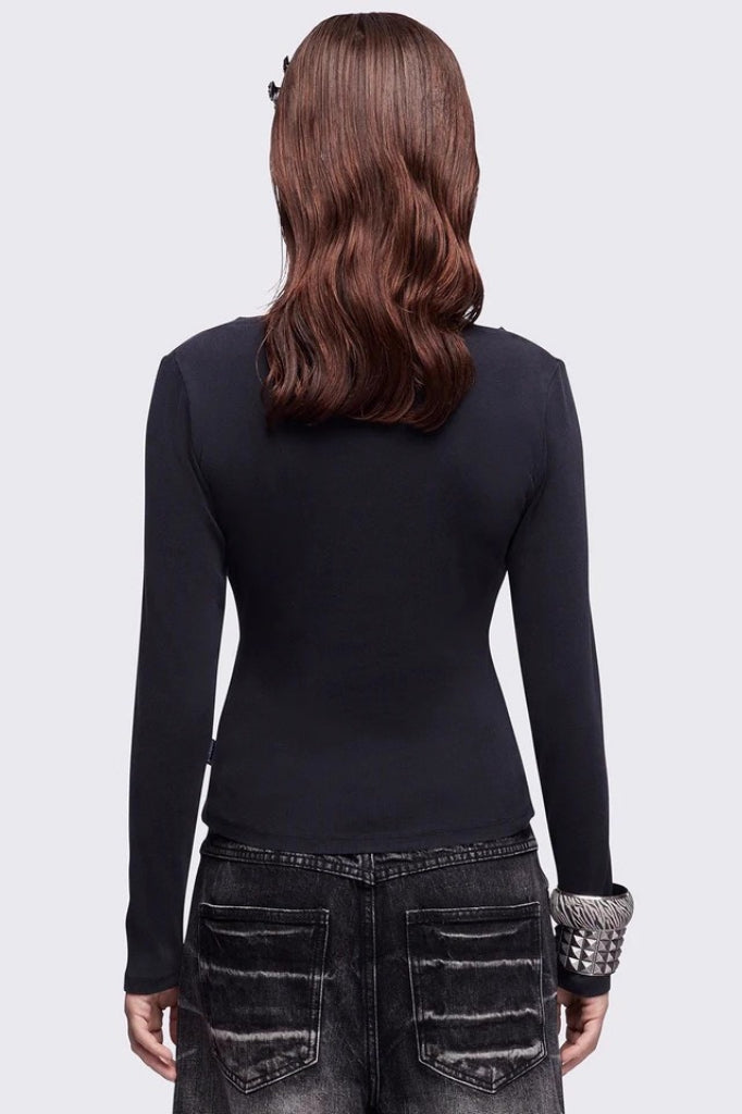 American Y2K Dark Aesthetic Black Print V-neck Long Sleeve Knit Top