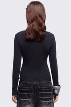 American Y2K Dark Aesthetic Black Print V-neck Long Sleeve Knit Top