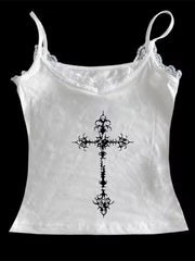 Gothic Cross Print Lace Trim Crop Top