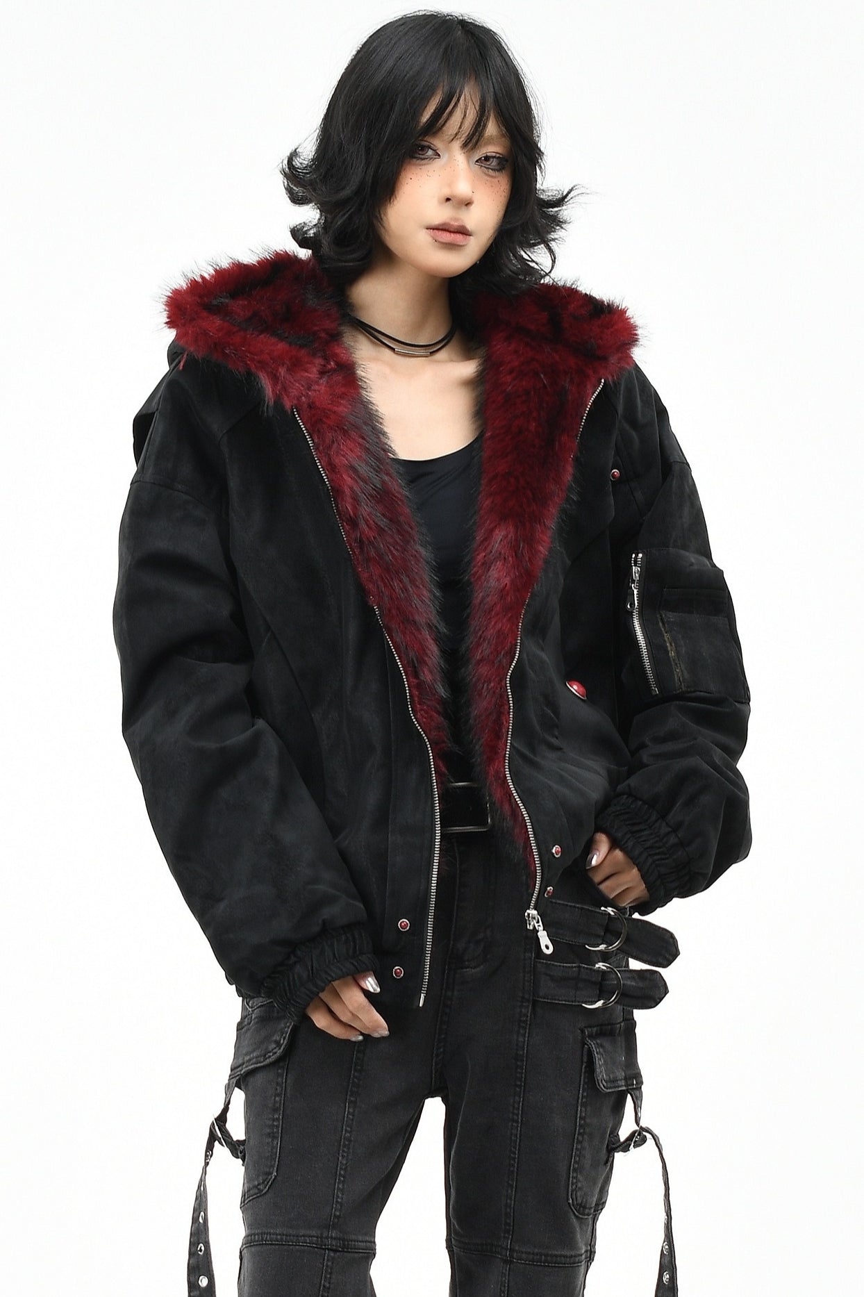 Red Fur Trim Padded Hooded Jacket Secondary image