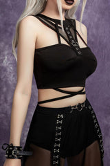 Punk Fishnet Patch Grommet Metal Buckle Crop Top