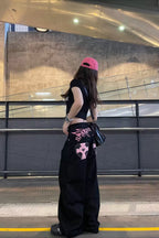 Pink Cross Rhinestone Wide Leg Jeans