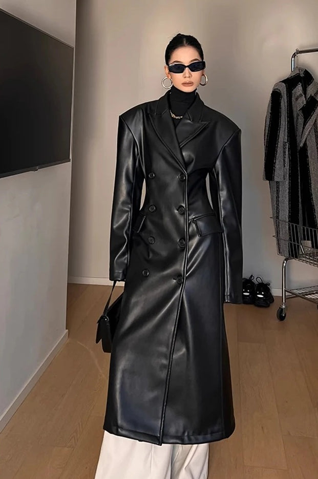 Fitted Shoulder Pad Leather Long Coat Main image