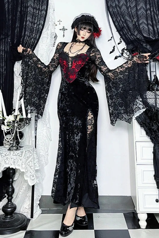 2000s Vintage Gothic Chain Lace Splicing Maxi Dress Main image