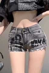 Edgy Y2K Graffiti Distressed Denim Shorts