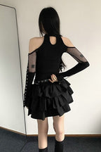 Mesh Cutout Top And Tiered Skirt Set