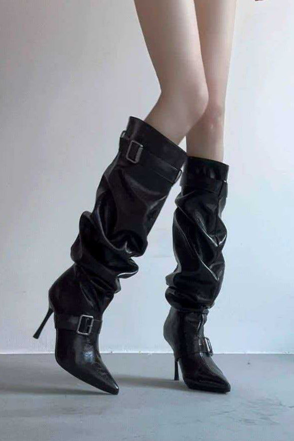 Slouch Shaft Buckle Pointed Boots