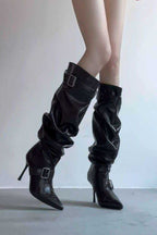 Slouch Shaft Buckle Pointed Boots