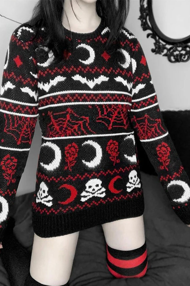 Gothic Moon Skull Pattern Loose Long Sleeve Knit Sweater Main image