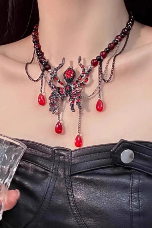 Y2K Heavy Dark Red Spider Tassel Necklace