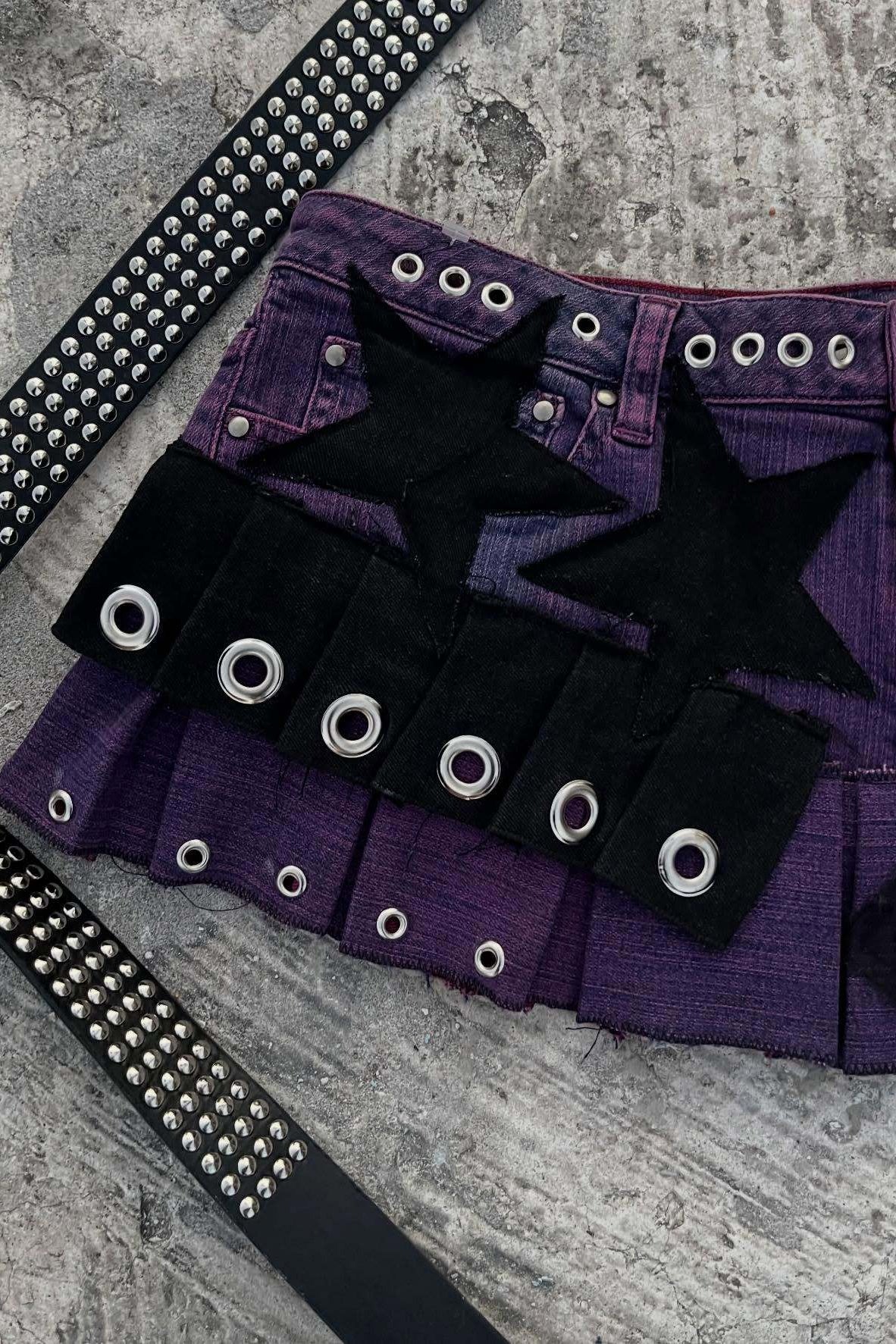 Purple Studded Lace-Up Denim Mini Skirt