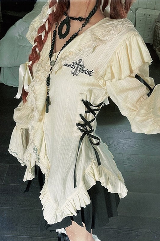 Lace Trim Embroidered Bow Detail Blouse Main image