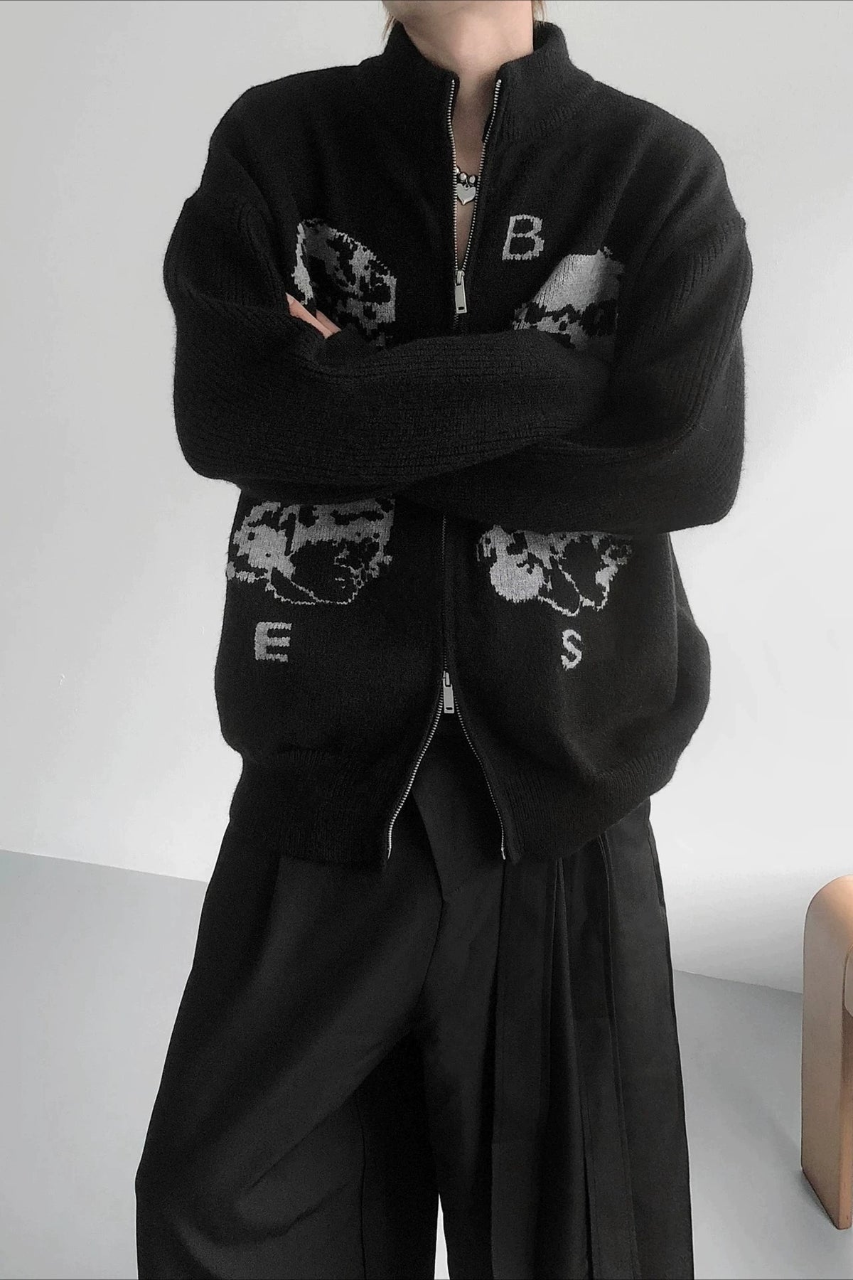 Portrait Graphic Double Zip Cardigans