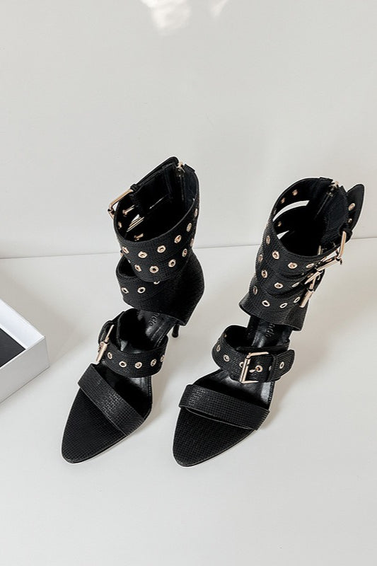 Studded Buckle Mid-Heel Sandals