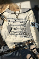 Y2K Note Print Tie Patchwork Long Sleeve  Knit Top