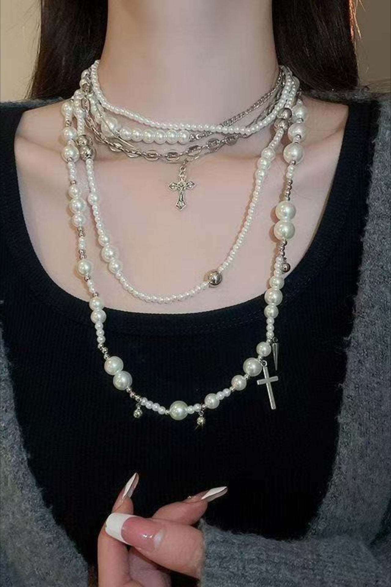 Gothic Vintage Hanging Pearl Mixed Gem Layering Necklace Main image