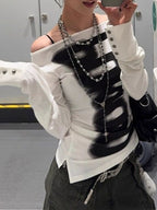 Virtual Print Off Shoulder Slim Fit Rivet T-shirt