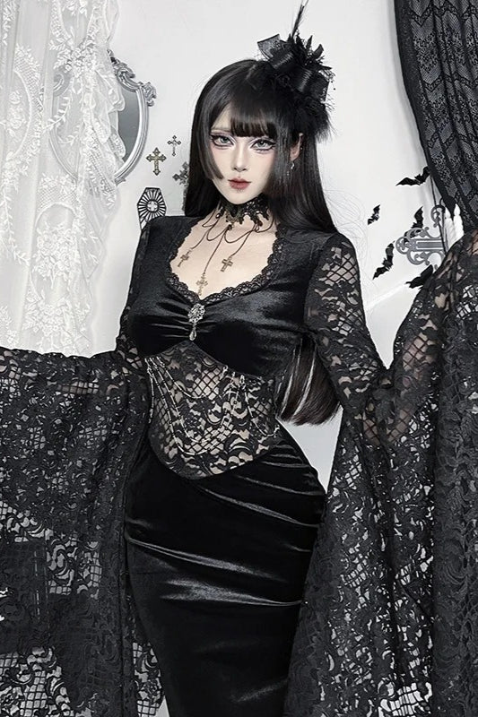 Dark Gothic Lace Fitted Flared-sleeve Hollow-out Maxi Dress Secondary image