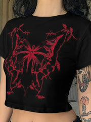 Sexy Gothic Butterfly Graphic Fitted Crop Top